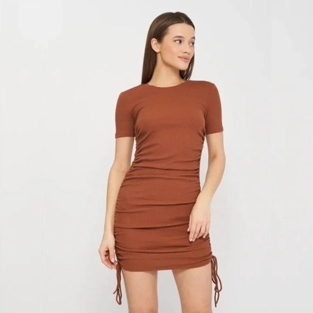 Zara Rust Brown Short Sleeve Ruched Mini Dress